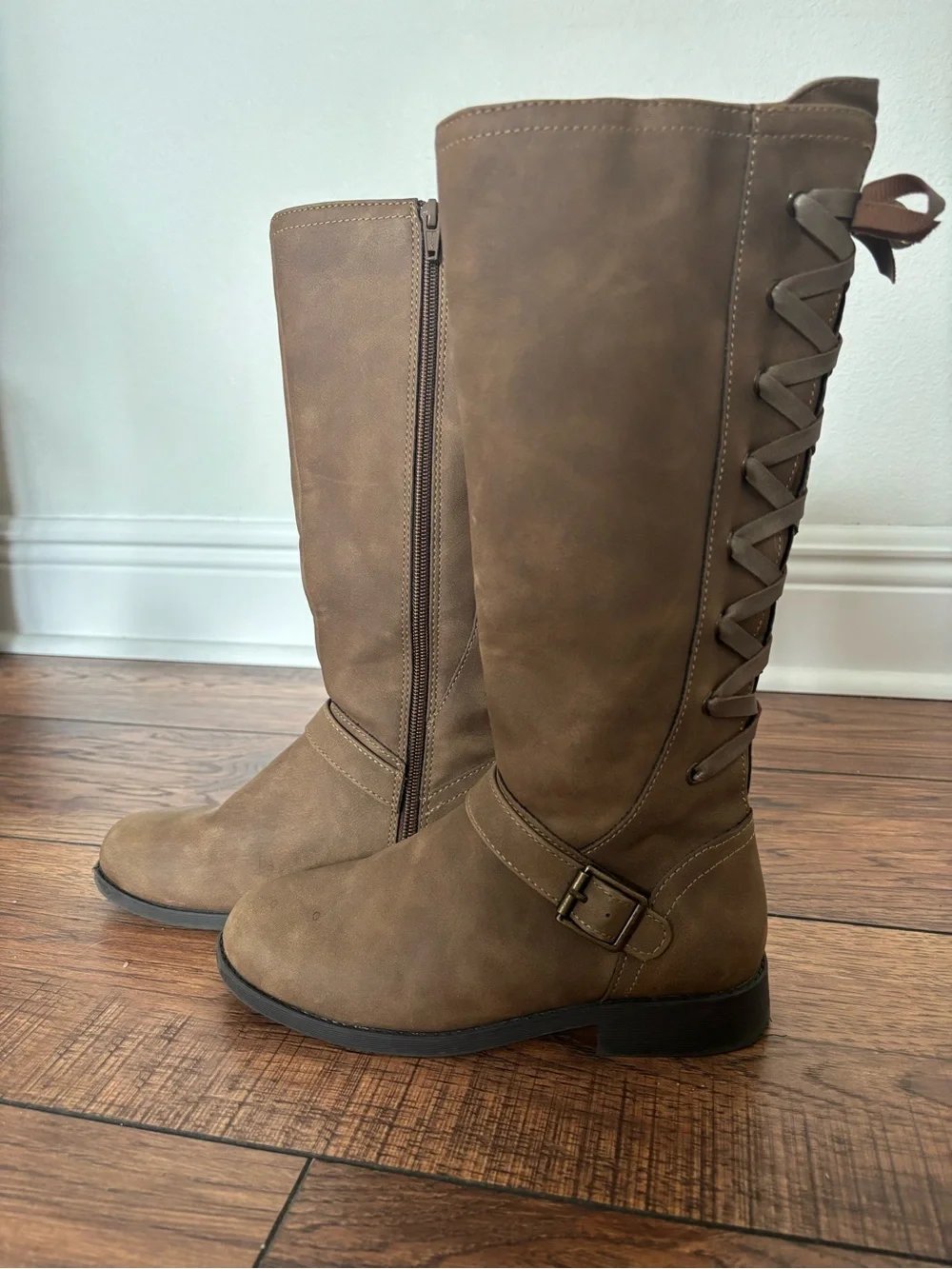 Girls Brown Faux Suede Knee-High Lace-Up Boots – Buckle Detail - Size 3